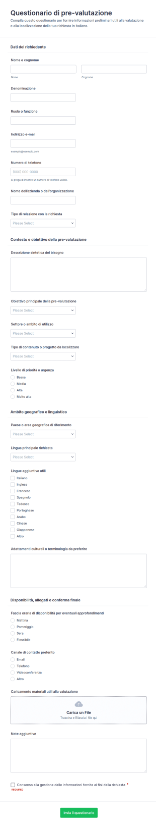 Questionario Di Pre Valutazione