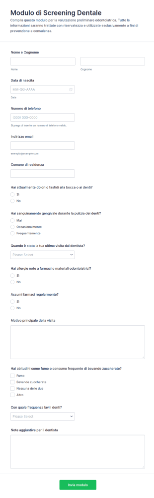 Questionario Di Screening Dentale
