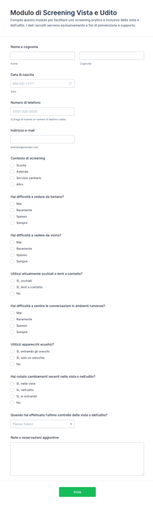 Questionario Di Screening Visivo E Uditivo