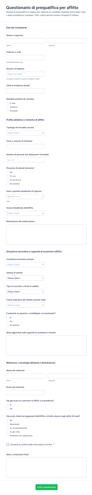 Questionario Di Selezione Per Affitti Form