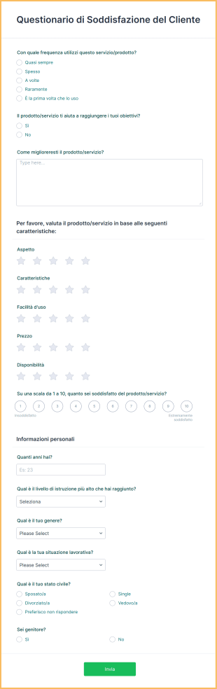 Questionario Di Soddisfazione Del Cliente Form Template