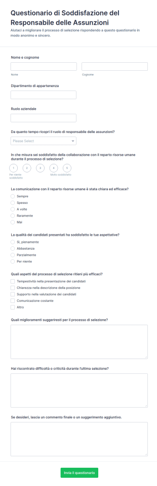 Questionario Di Soddisfazione Del Responsabile Delle Assunzioni