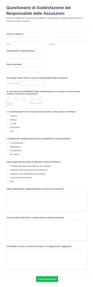 Questionario Di Soddisfazione Del Responsabile Delle Assunzioni