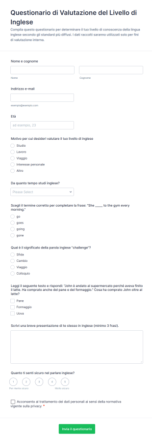 Questionario Di Valutazione Del Livello Di Inglese