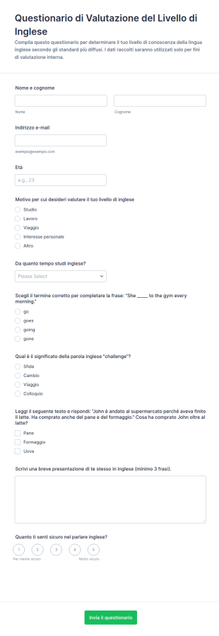 Questionario Di Valutazione Del Livello Di Inglese