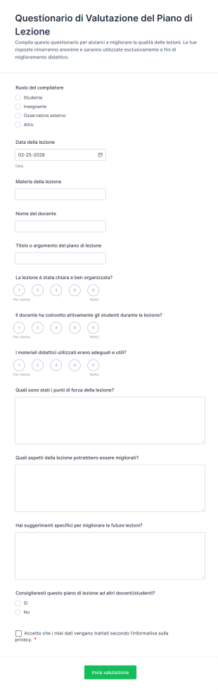 Questionario Di Valutazione Del Piano Di Lezione