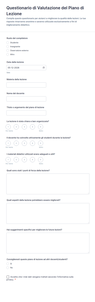 Questionario Di Valutazione Del Piano Di Lezione