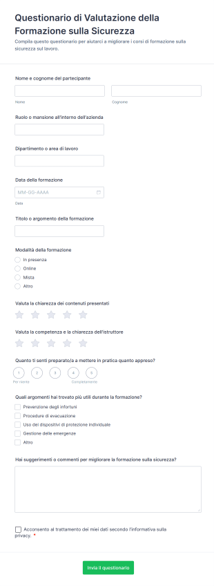 Questionario Di Valutazione Della Formazione Sulla Sicurezza