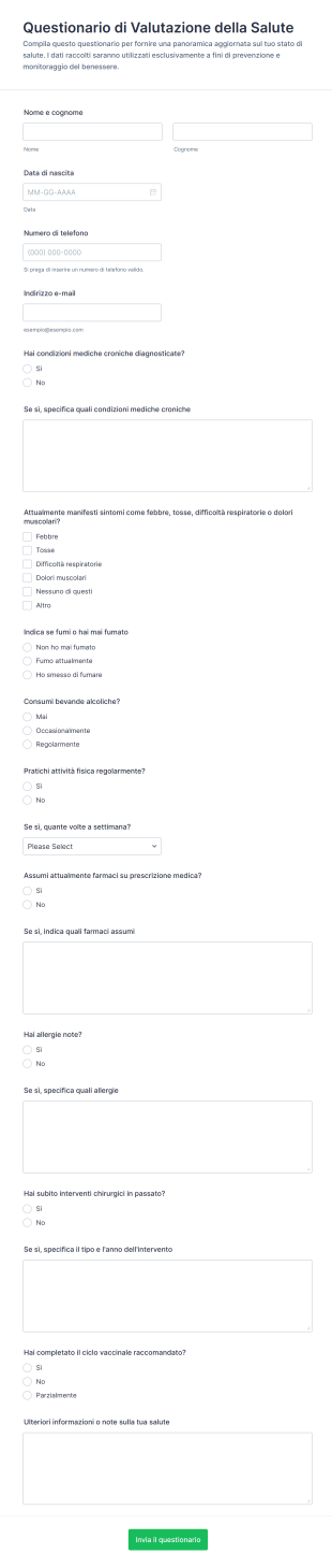 Questionario Di Valutazione Della Salute Form Template