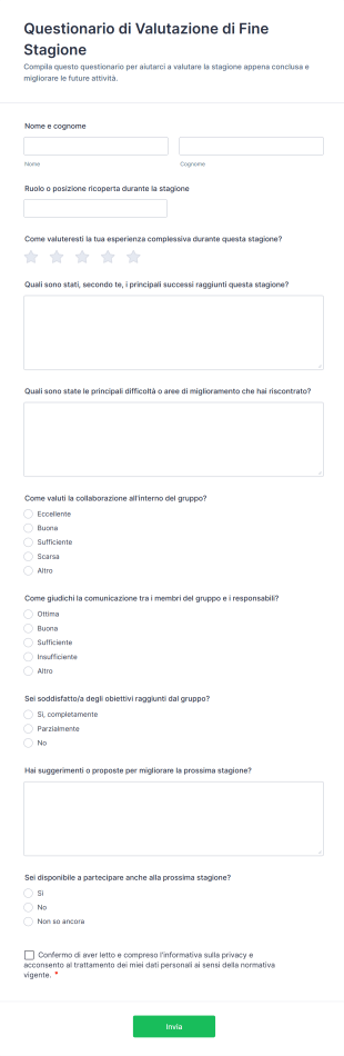 Questionario Di Valutazione Di Fine Stagione