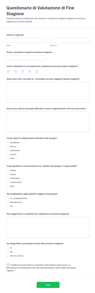 Questionario Di Valutazione Di Fine Stagione
