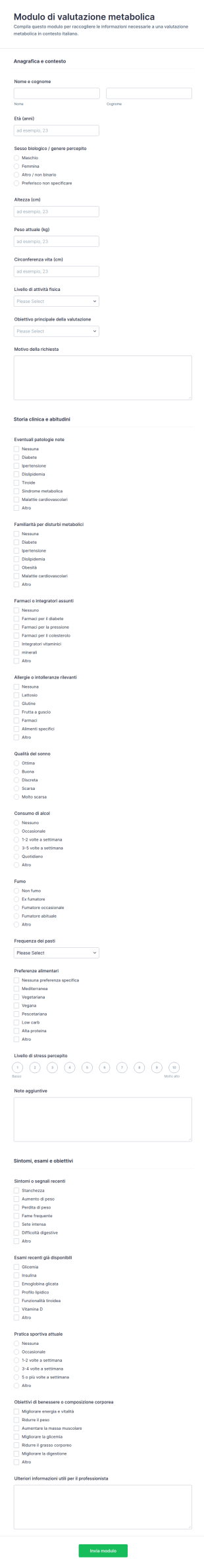 Questionario Di Valutazione Metabolica