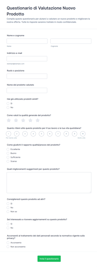 Questionario Di Valutazione Nuovo Prodotto