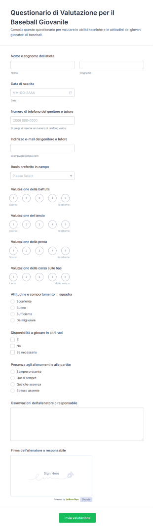 Questionario Di Valutazione Per Il Baseball Giovanile