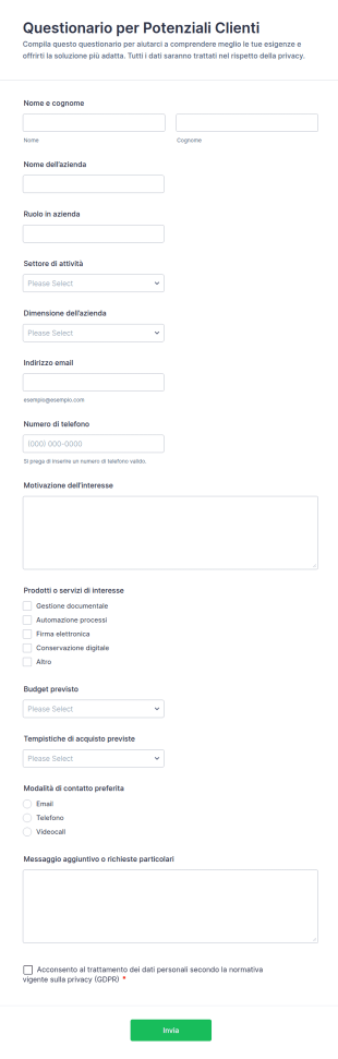 Questionario Di Valutazione Prospect Form