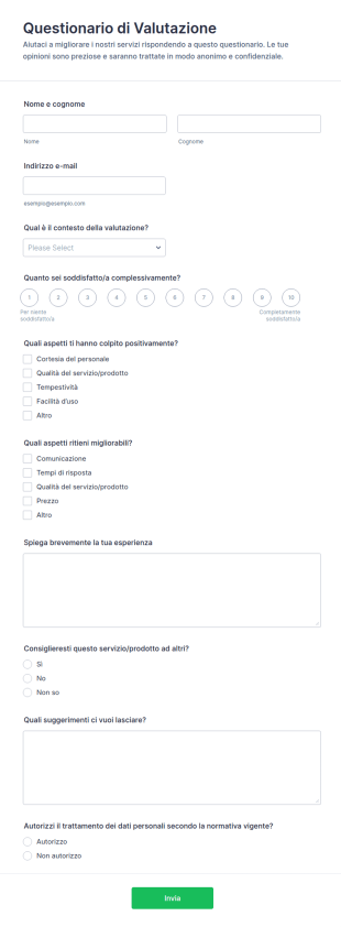 Questionario Di Valutazione