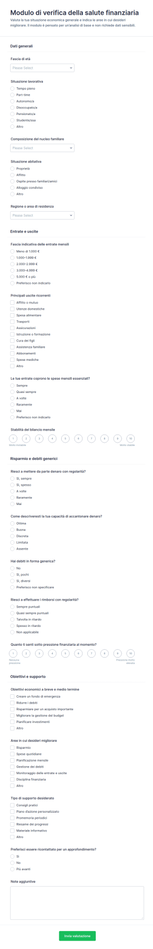 Questionario Di Verifica Della Salute Finanziaria
