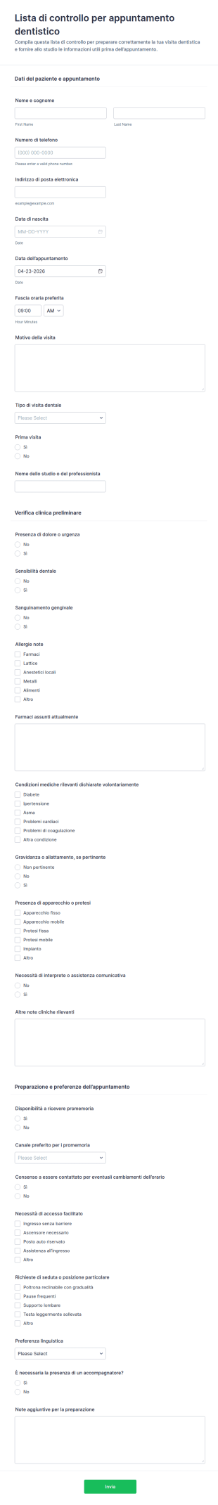 Questionario Di Verifica Dell'appuntamento Odontoiatrico 🦷