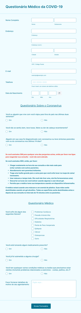 Questionário Médico Da COVID 19 Para Pré Agendamento