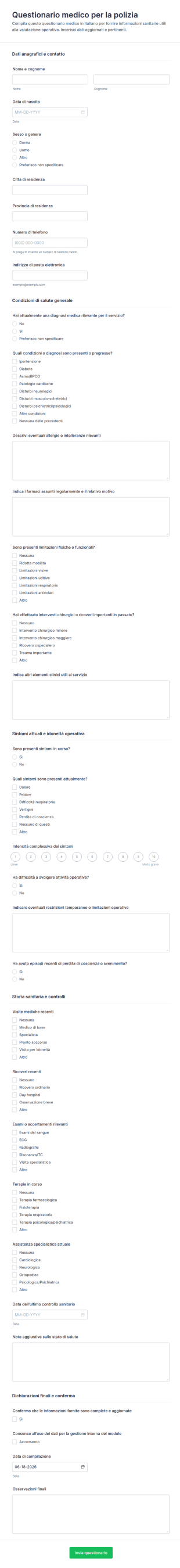 Questionario Sanitario Per Uso Interno Della Polizia Form