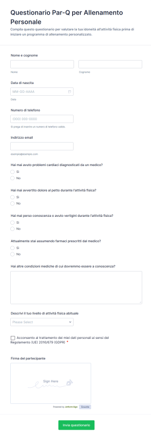 Questionario Par Q Per Allenamento Personale