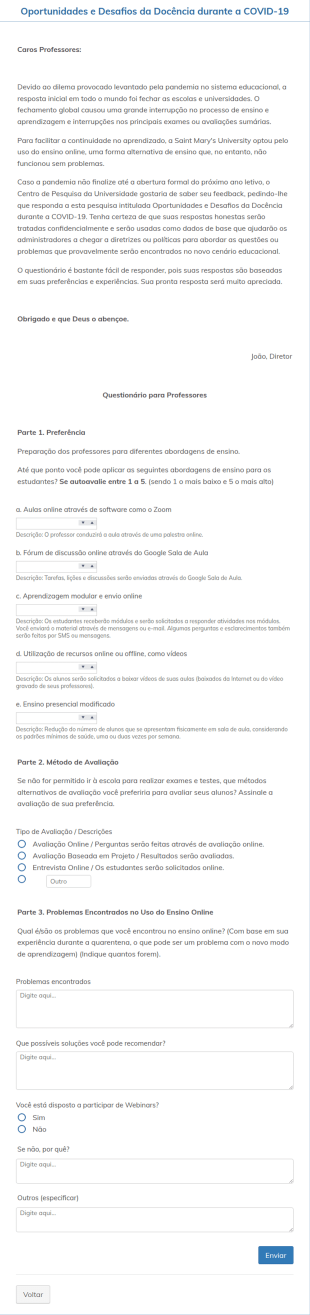 Questionário Para Professores Sobre Desafios Da Docência Durante A COVID 19