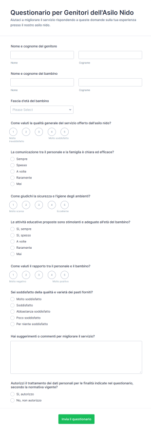 Questionario Per Genitori Dell'Asilo Nido