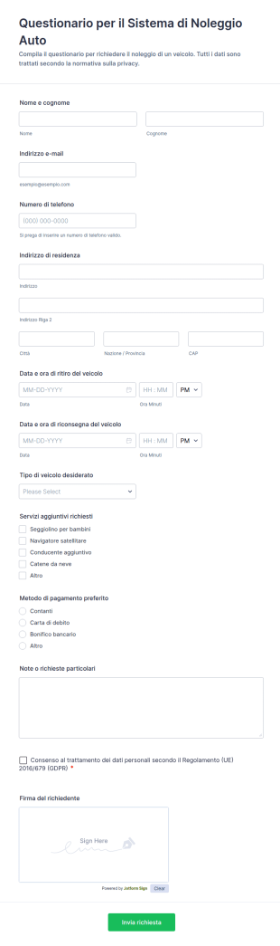 Questionario Per Il Sistema Di Noleggio Auto