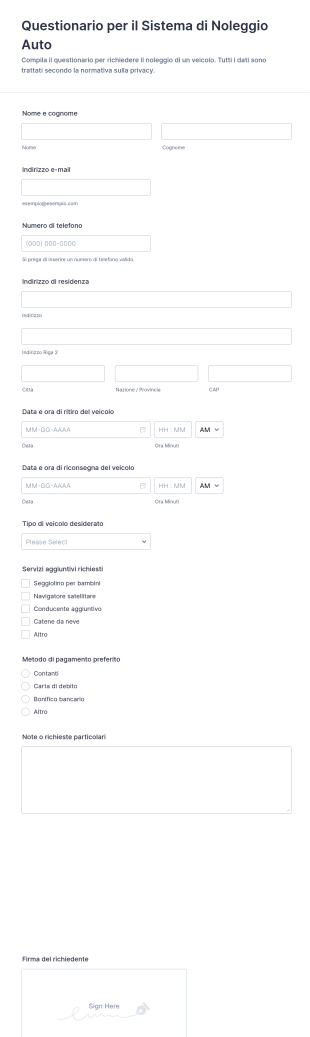 Questionario Per Il Sistema Di Noleggio Auto