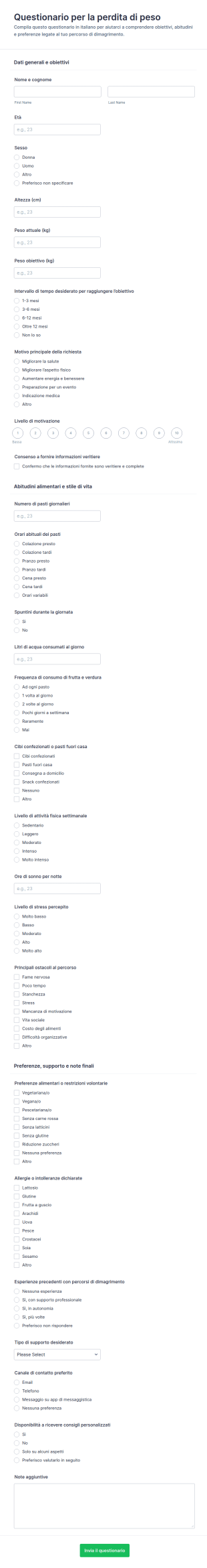 Questionario Per La Perdita Di Peso