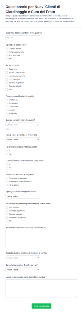 Questionario Per Nuovi Clienti Di Cura Del Verde
