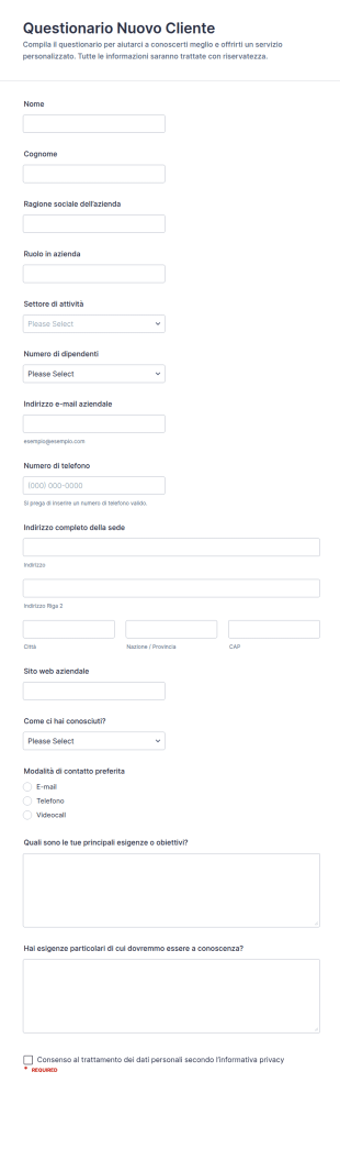 Questionario Per Nuovi Clienti