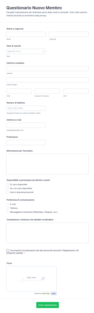 Questionario Per Nuovi Membri Form 🎉