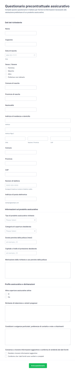 Questionario Precontrattuale Sul Prodotto Assicurativo