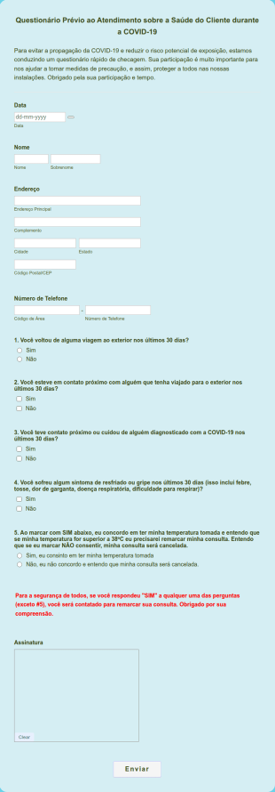Questionário Prévio Ao Atendimento Sobre A Saúde Do Cliente Durante A COVID 19
