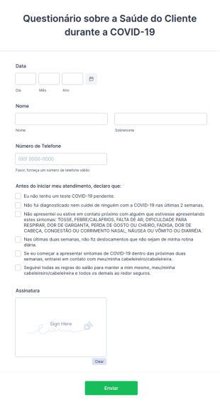Questionário Sobre A Saúde Do Cliente Durante A COVID 19