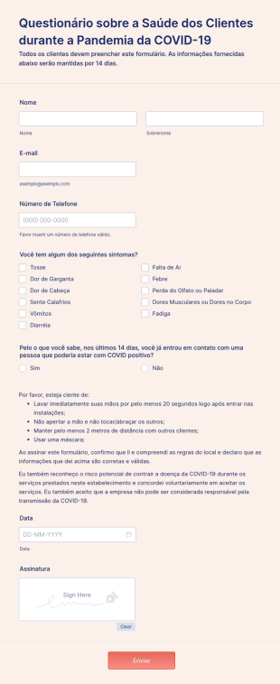 Questionário Sobre A Saúde Dos Clientes Durante A Pandemia Da COVID 19