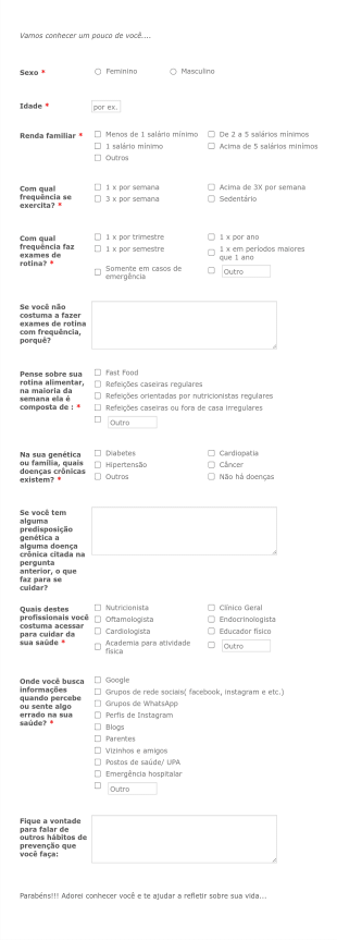 Questionário Sobre Hábitos De Saúde Form Template
