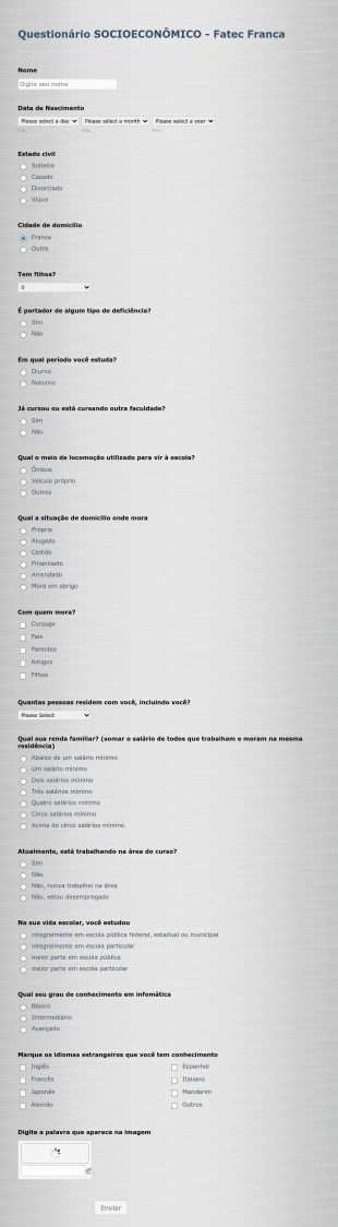 Questionário Sócio Econômico Form Template