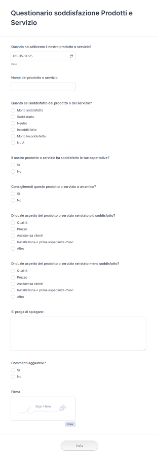 Questionario Soddisfazione Prodotti E Servizio