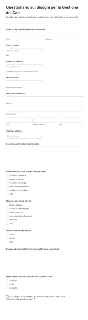 Questionario Sui Bisogni Per La Gestione Dei Casi