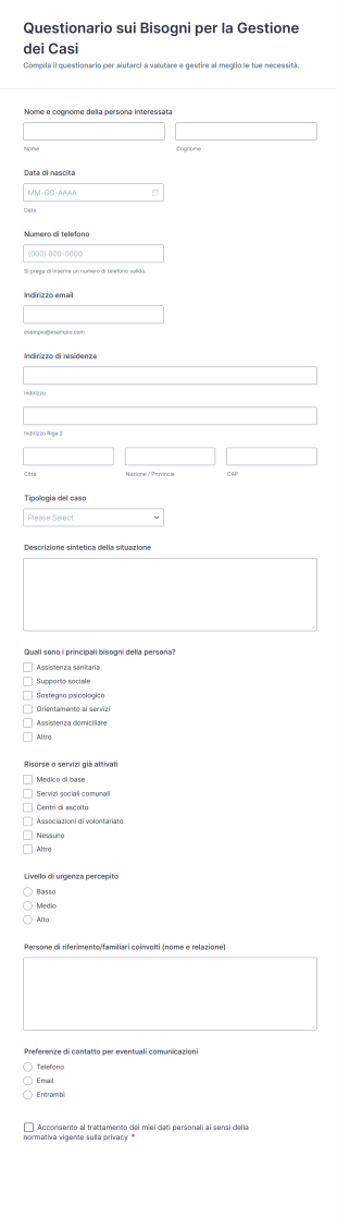 Questionario Sui Bisogni Per La Gestione Dei Casi
