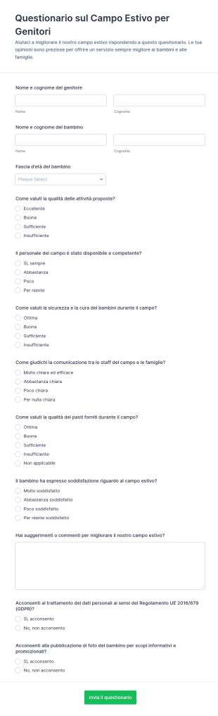 Questionario Sul Campo Estivo Per Genitori