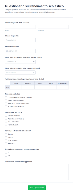 Questionario Sul Rendimento Scolastico