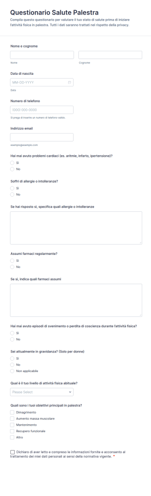 Questionario Sulla Salute In Palestra Form