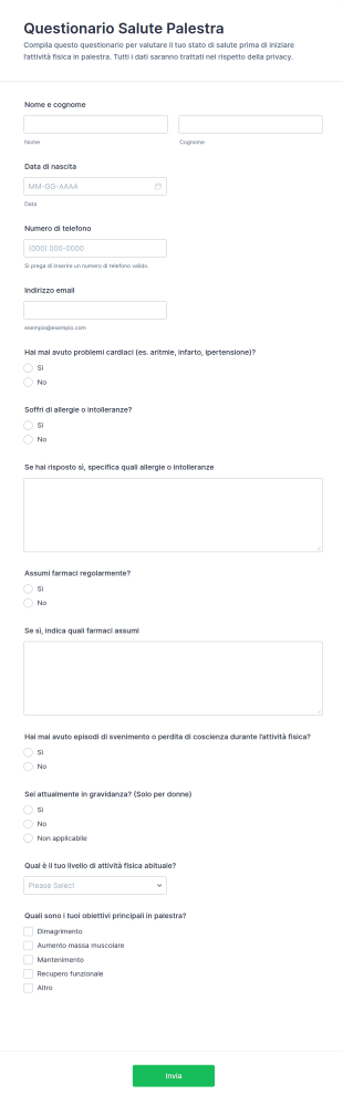 Questionario Sulla Salute In Palestra Form