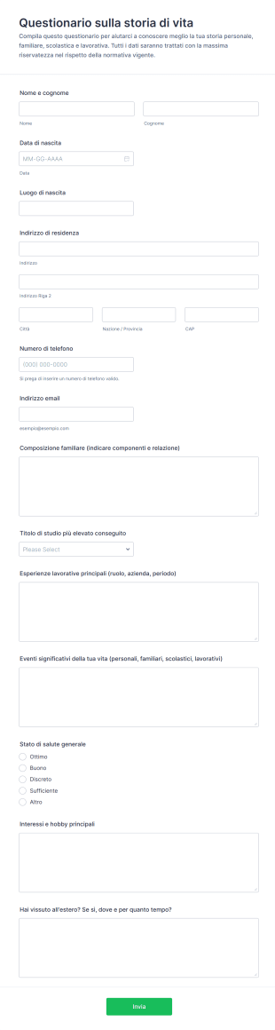 Questionario Sulla Storia Di Vita