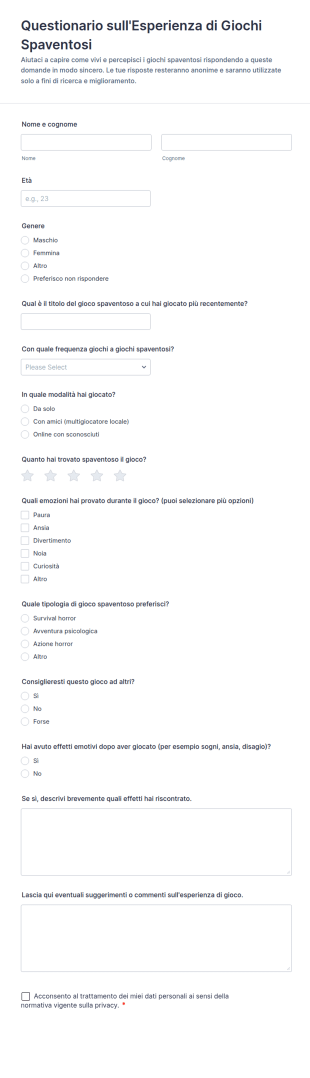Questionario Sull'Esperienza Di Giochi Spaventosi