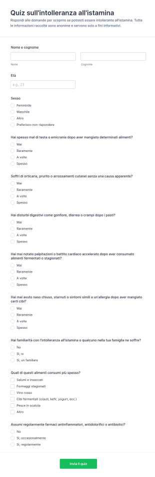 Questionario Sull'Intolleranza All'Istamina 📝