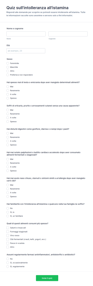 Questionario Sull'Intolleranza All'Istamina 📝